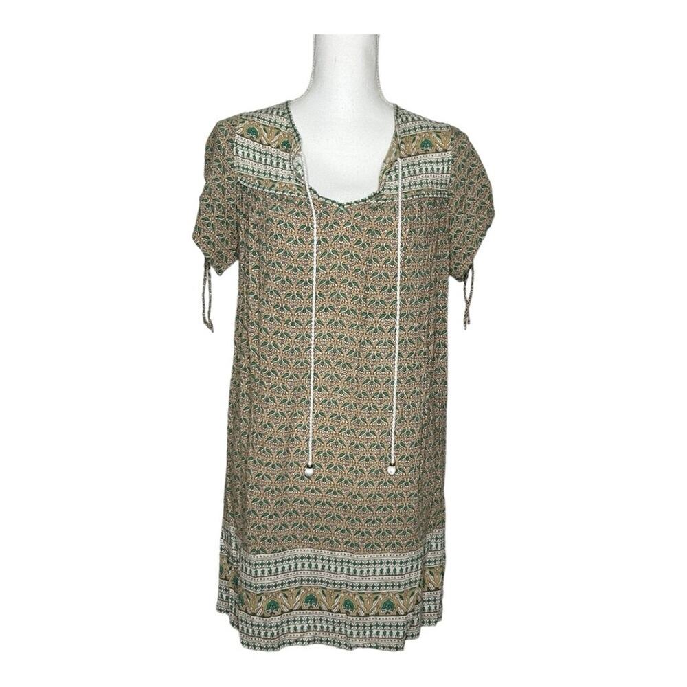 Faithfull The Brand Tunic Dress Bird Print Boho Green Tan XS